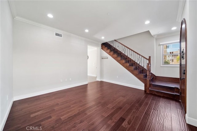 130 Alta St Unit B, Arcadia, CA 91006 - unfurnished living room featuring ornamental molding, stairway, wood finished floors, baseboards, and recessed lighting