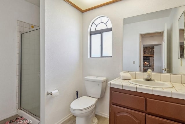8636 Riggins Rd, Phelan, CA 92371 - full bathroom with toilet, vanity, a stall shower, and a stone fireplace