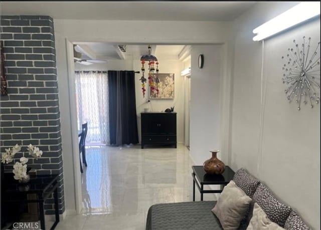 18763 Sunburst St, Northridge, CA 91324 - living area featuring light marble finish floors and ceiling fan