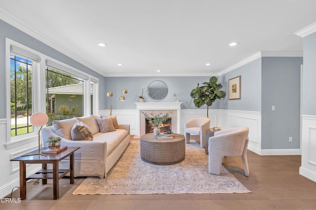 320 Starlane Dr, La Canada Flintridge, CA 91011 - living area with wood finished floors, recessed lighting, crown molding, wainscoting, and a premium fireplace