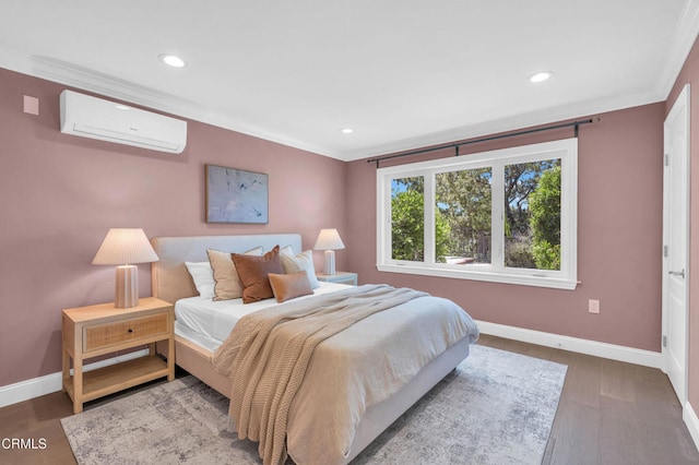 320 Starlane Dr, La Canada Flintridge, CA 91011 - bedroom featuring a wall unit AC, baseboards, ornamental molding, recessed lighting, and wood finished floors