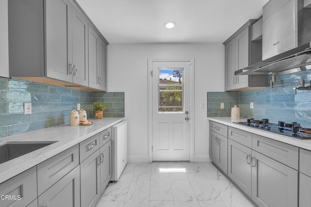 320 Starlane Dr, La Canada Flintridge, CA 91011 - kitchen with gray cabinetry, gas cooktop, wall chimney range hood, and recessed lighting