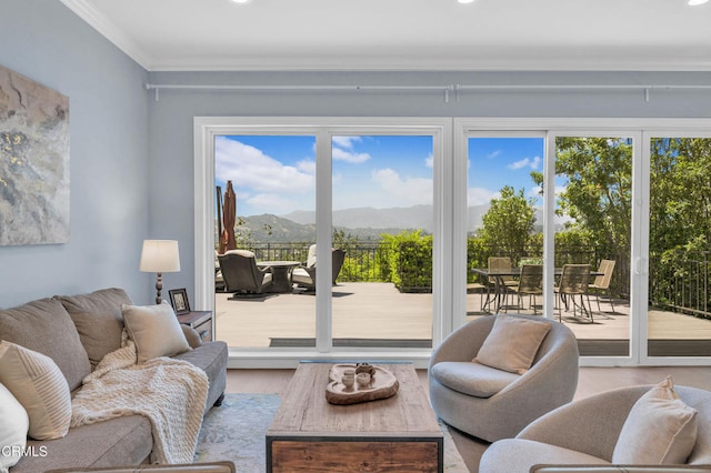 320 Starlane Dr, La Canada Flintridge, CA 91011 - living area featuring a mountain view, wood finished floors, ornamental molding, and recessed lighting