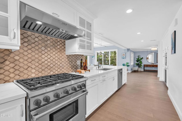 320 Starlane Dr, La Canada Flintridge, CA 91011 - kitchen featuring exhaust hood, stainless steel appliances, a sink, tasteful backsplash, and white cabinetry