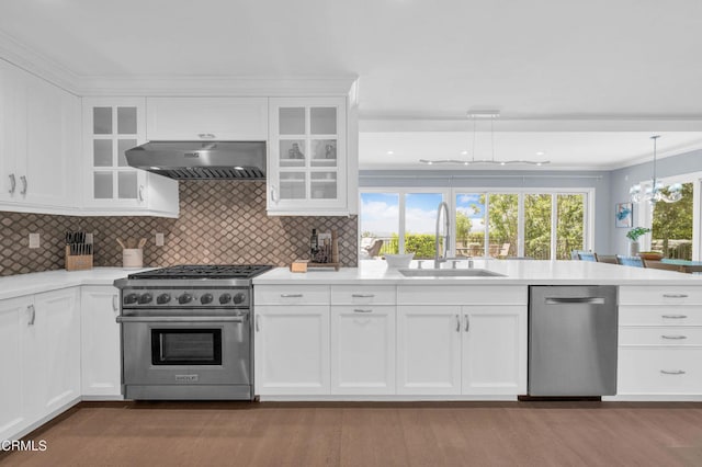 320 Starlane Dr, La Canada Flintridge, CA 91011 - kitchen featuring stainless steel appliances, under cabinet range hood, a sink, white cabinetry, and light countertops