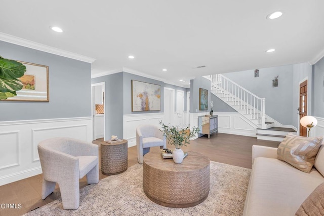320 Starlane Dr, La Canada Flintridge, CA 91011 - living area with wood finished floors, stairway, crown molding, recessed lighting, and a decorative wall