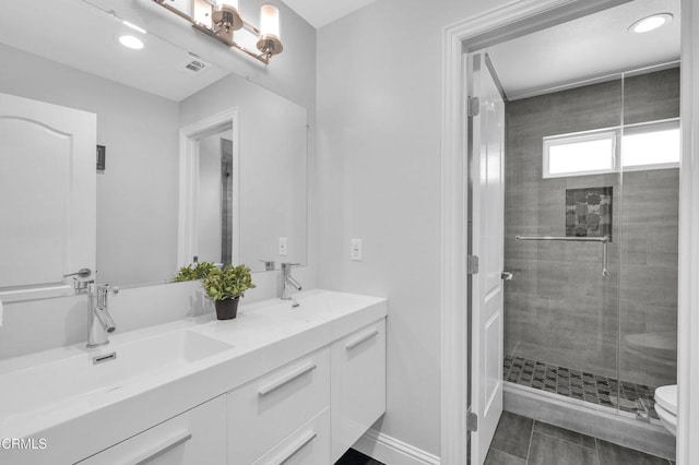 320 Starlane Dr, La Canada Flintridge, CA 91011 - full bath with double vanity, toilet, a stall shower, and recessed lighting