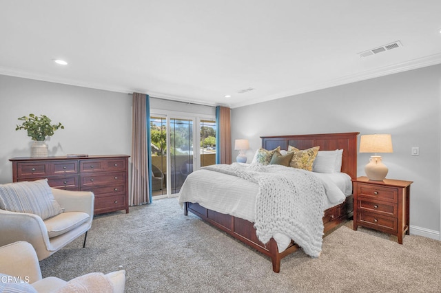 320 Starlane Dr, La Canada Flintridge, CA 91011 - bedroom featuring access to outside, light carpet, ornamental molding, recessed lighting, and baseboards