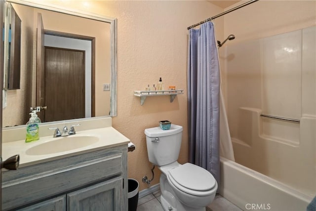 42868 Ranch Club Rd, Lake Elizabeth, CA 93532 - full bath with toilet, vanity, shower / bath combo with shower curtain, a textured wall, and tile patterned flooring
