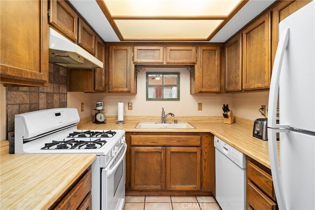 42868 Ranch Club Rd, Lake Elizabeth, CA 93532 - kitchen featuring white appliances, under cabinet range hood, a sink, and light countertops
