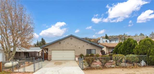 42868 Ranch Club Rd, Lake Elizabeth, CA 93532 - ranch-style house featuring stucco siding, an attached garage, driveway, and a gate