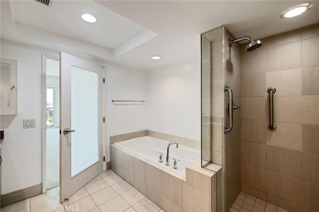13650 Marina Pointe Dr Unit 908, Marina Del Rey, CA 90292 - full bath with a garden tub, a shower stall, tile patterned flooring, recessed lighting, and a raised ceiling