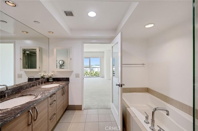 13650 Marina Pointe Dr Unit 908, Marina Del Rey, CA 90292 - full bath with double vanity, a garden tub, tile patterned floors, recessed lighting, and baseboards