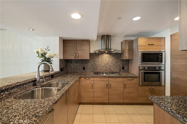 13650 Marina Pointe Dr Unit 908, Marina Del Rey, CA 90292 - kitchen featuring appliances with stainless steel finishes, wall chimney exhaust hood, a sink, dark stone counters, and light tile patterned flooring