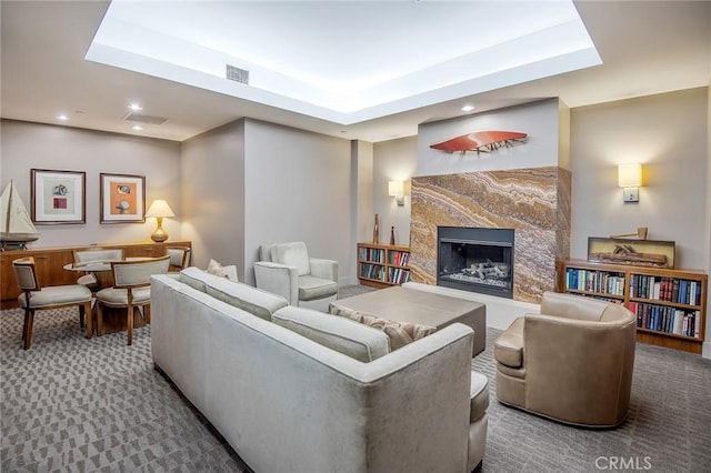 13650 Marina Pointe Dr Unit 908, Marina Del Rey, CA 90292 - living room featuring carpet flooring, a high end fireplace, and recessed lighting