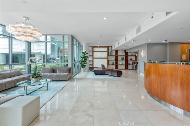 13650 Marina Pointe Dr Unit 908, Marina Del Rey, CA 90292 - reception featuring a wall of windows, a chandelier, and recessed lighting