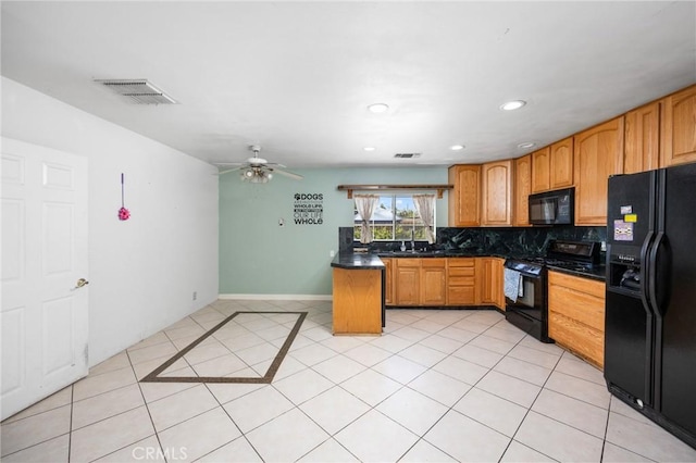 4060 Olive St, Chino, CA 91710 - kitchen featuring black appliances, tasteful backsplash, dark countertops, light tile patterned flooring, and a ceiling fan