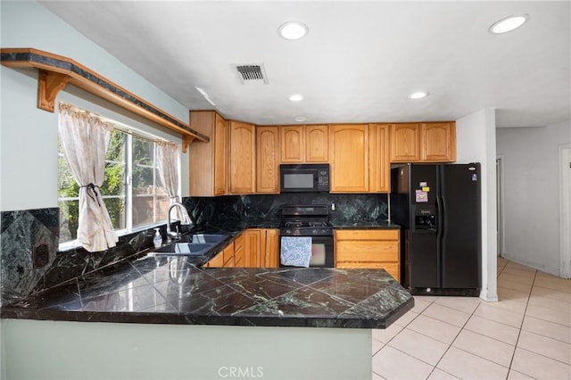 4060 Olive St, Chino, CA 91710 - kitchen featuring black appliances, a sink, light tile patterned flooring, backsplash, and recessed lighting