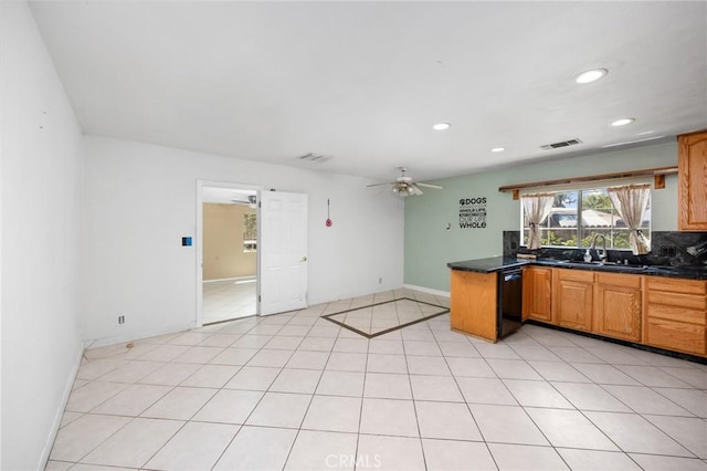 4060 Olive St, Chino, CA 91710 - kitchen with black dishwasher, a sink, dark countertops, ceiling fan, and recessed lighting