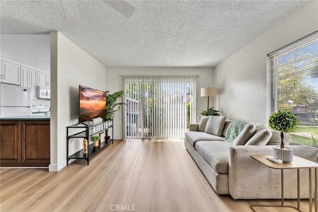 715 Windwood Dr, Walnut, CA 91789 - living area featuring light wood-type flooring, a textured ceiling, and ceiling fan