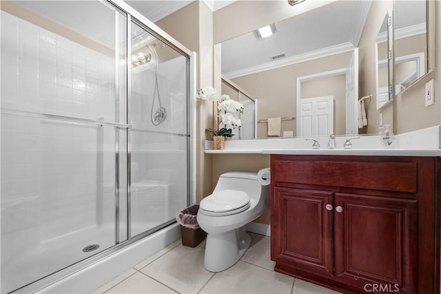 1625 Valley Falls Ave, Redlands, CA 92374 - bathroom featuring crown molding, tile patterned floors, toilet, a shower stall, and vanity