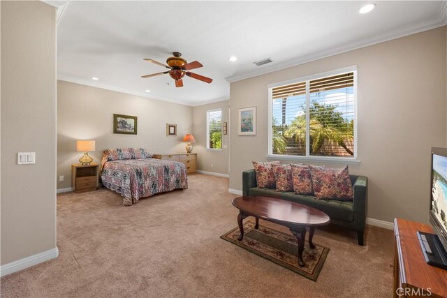 1625 Valley Falls Ave, Redlands, CA 92374 - carpeted bedroom with ornamental molding, recessed lighting, and ceiling fan
