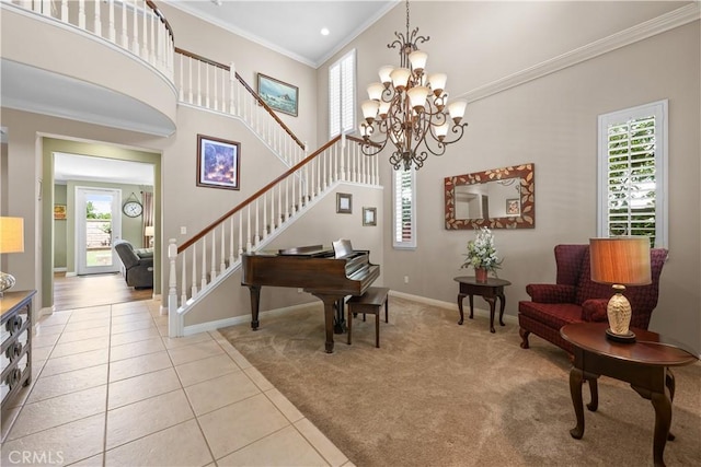1625 Valley Falls Ave, Redlands, CA 92374 - foyer entrance with crown molding, stairs, carpet, tile patterned flooring, and baseboards