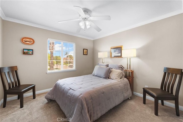 1625 Valley Falls Ave, Redlands, CA 92374 - bedroom featuring light colored carpet, crown molding, baseboards, and a ceiling fan