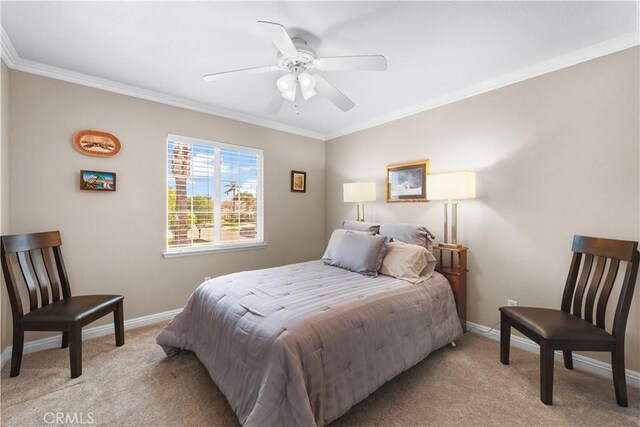 1625 Valley Falls Ave, Redlands, CA 92374 - bedroom with light colored carpet, crown molding, and ceiling fan