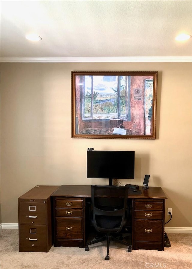 1625 Valley Falls Ave, Redlands, CA 92374 - office with light carpet, baseboards, and ornamental molding