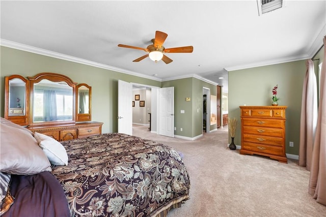 1625 Valley Falls Ave, Redlands, CA 92374 - bedroom featuring crown molding, light carpet, baseboards, and a ceiling fan