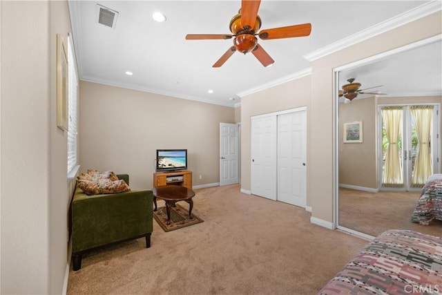 1625 Valley Falls Ave, Redlands, CA 92374 - living room with ceiling fan, light colored carpet, baseboards, recessed lighting, and crown molding