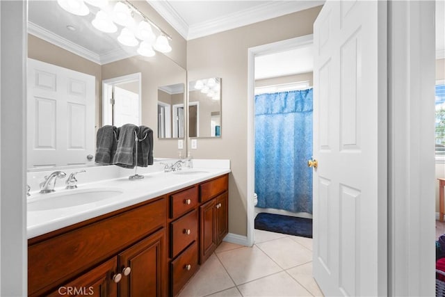 1625 Valley Falls Ave, Redlands, CA 92374 - full bathroom featuring double vanity, toilet, tile patterned flooring, crown molding, and baseboards