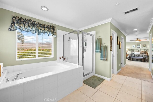 1625 Valley Falls Ave, Redlands, CA 92374 - full bathroom featuring ensuite bath, tile patterned floors, ornamental molding, a bath, and a shower stall