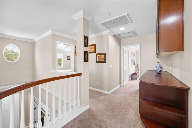 1625 Valley Falls Ave, Redlands, CA 92374 - hall featuring light colored carpet, an upstairs landing, baseboards, crown molding, and attic access