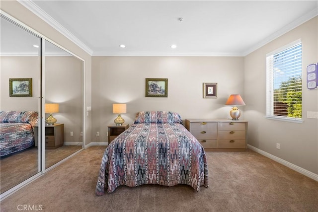 1625 Valley Falls Ave, Redlands, CA 92374 - bedroom featuring carpet floors, ornamental molding, baseboards, recessed lighting, and a closet