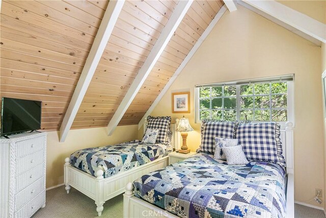 27888 W Shore Rd, Lake Arrowhead, CA 92352 - bedroom with carpet floors, baseboards, and wooden ceiling