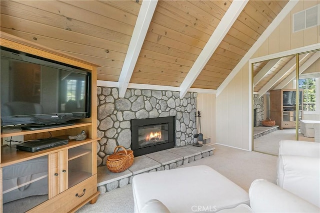27888 W Shore Rd, Lake Arrowhead, CA 92352 - carpeted living area featuring a fireplace and wooden ceiling