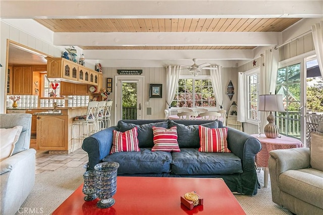 27888 W Shore Rd, Lake Arrowhead, CA 92352 - living area featuring plenty of natural light, wood ceiling with exposed beams, ceiling fan, and wood walls