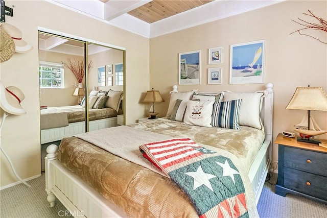 27888 W Shore Rd, Lake Arrowhead, CA 92352 - bedroom featuring carpet flooring, wood ceiling, a closet, and baseboards