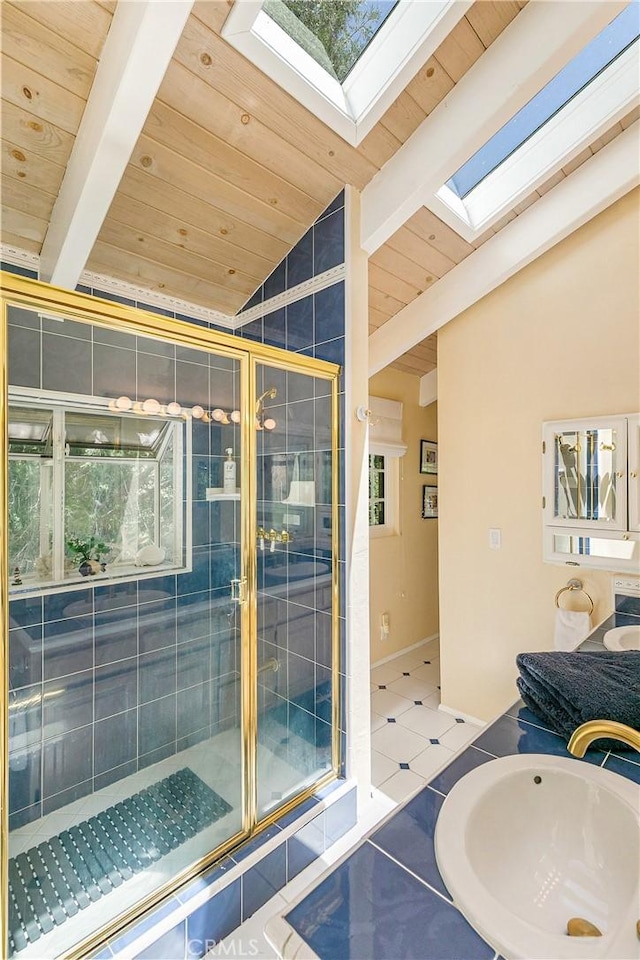 27888 W Shore Rd, Lake Arrowhead, CA 92352 - full bathroom featuring wooden ceiling, a skylight, a shower stall, tile patterned floors, and vanity