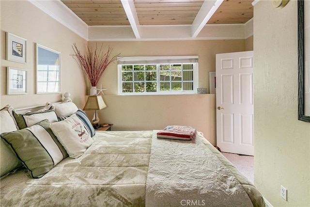 27888 W Shore Rd, Lake Arrowhead, CA 92352 - carpeted bedroom featuring wood ceiling with exposed beams