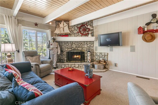27888 W Shore Rd, Lake Arrowhead, CA 92352 - living room featuring carpet floors, a fireplace, and wooden ceiling with exposed beams
