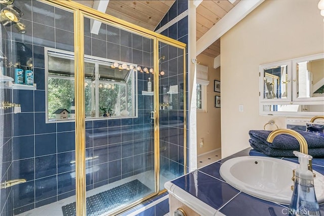 27888 W Shore Rd, Lake Arrowhead, CA 92352 - bathroom with vaulted ceiling, a shower stall, wooden ceiling, plenty of natural light, and vanity