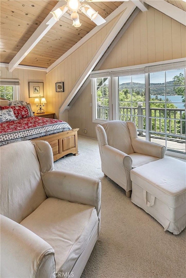 27888 W Shore Rd, Lake Arrowhead, CA 92352 - carpeted bedroom featuring wood ceiling, wood walls, and a water view