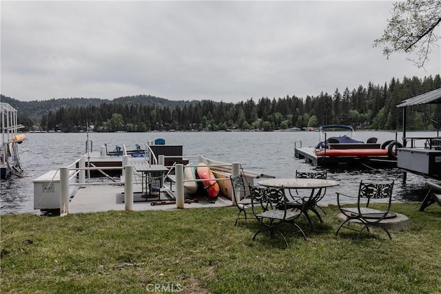 27888 W Shore Rd, Lake Arrowhead, CA 92352 - dock with a wooded view, a lawn, and a water view