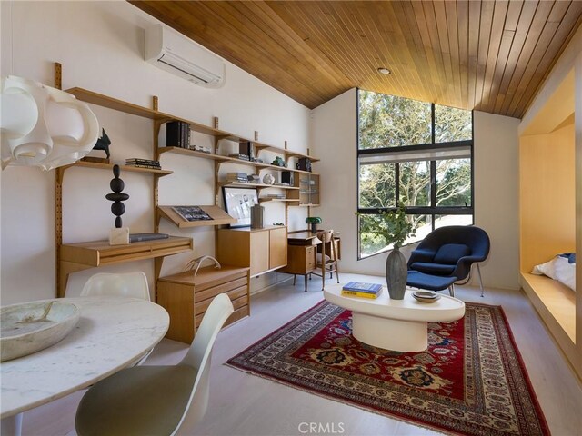 7 Cinchring Rd, Rolling Hills, CA 90274 - living area featuring wooden ceiling, a wall mounted air conditioner, wood finished floors, and high vaulted ceiling