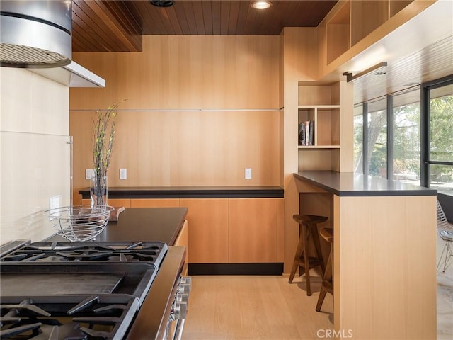 7 Cinchring Rd, Rolling Hills, CA 90274 - kitchen with gas range oven, dark countertops, light wood-type flooring, wooden ceiling, and open shelves
