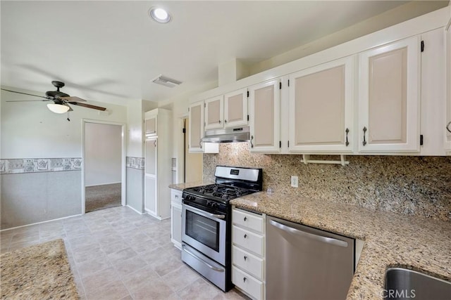 436 W Porter Ave, Fullerton, CA 92832 - kitchen featuring stainless steel appliances, light stone counters, ceiling fan, white cabinets, and recessed lighting