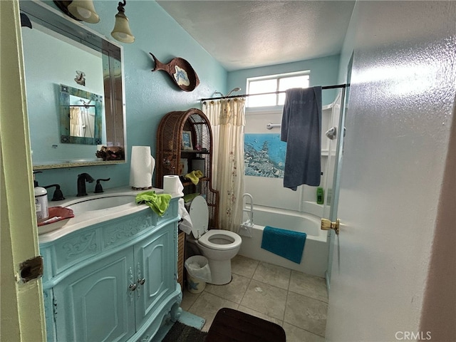 161 Janet Ave, Grover Beach, CA 93433 - full bath featuring vanity, shower / tub combo with curtain, toilet, tile patterned flooring, and a textured ceiling